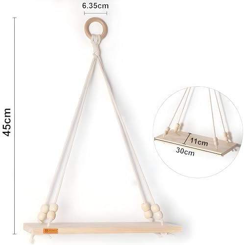 Image of Boho Wooden Hanging Shelf with Beads & Macrame Rope, Adhesive Wall Hook| Rustic Swing Wall Art for Plants, Living Room, Bedroom | Pine Wood, Handcrafted