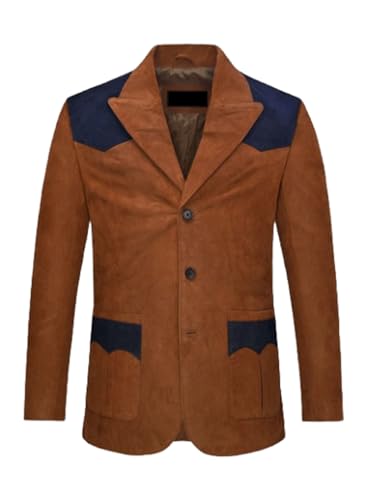Mens Vintage Styled Suede Blazer Western Styled Coat with Blue Contrast