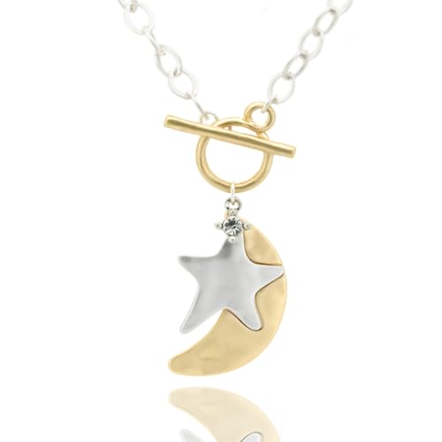 Women's Chunky Gold Layered Pendant Necklace - Antique Toggle Closure & Thick Chain Links, Moon & Star Trendy Statement Jewelry Gift
