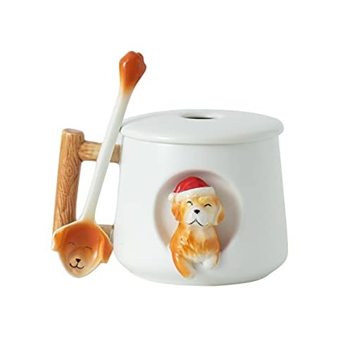 DIHOclub Ceramic Coffee Mug with Lid and Matching Spoon,Novelty 3D Golden Retriever Pattern Mug for Tea Milk Chocolate Juice,Cute Cup for Dog Lovers,Perfect Christmas Gifts-14 Ounces(white) Cover