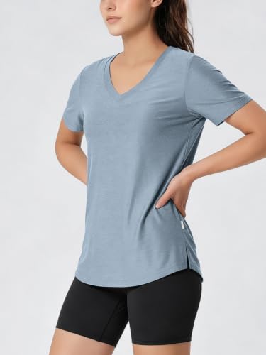 Image of ODODOS Women's Short Sleeve Performance V-Neck Tunic Tops, Ultra Soft odSTRATUM Tech Tee, Side Slit Relaxed T-Shirts