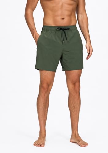 Image of Mens Swim Trunks Compression Liner No Mesh Swimming Trunks Men Swimwear Quick Dry Above Knee Zipper Pocket Swim Shorts