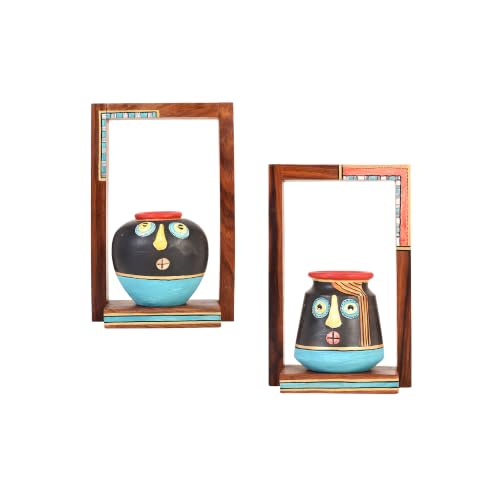 Image of AAKRITI ART CREATIONS Handcrafted Sheesham Wood Wall Shelves with Terracotta Pots for Home Decor | Wooden Floating Shelf | Living Room Decoration | Indian Handicraft