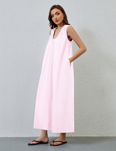 Image of MISSACTIVER Women's Sleeveless Maxi Dress Scoop Neck Ruched Long Dress with Side Pockets Wide Shoulder Elegant Blouse Dresses