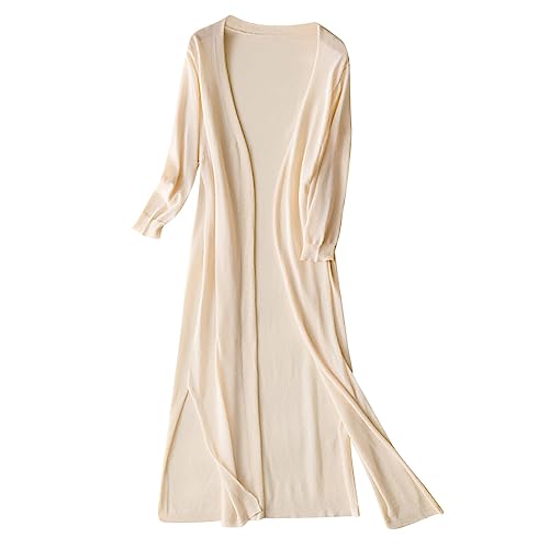 Cardigan Femme Long - Cardigan Femme Chic Et Elegant Respirant Manteau Coton Couleur Unie Manteau Léger Confortable Haut Coupe Oversize Casual Haut en Soie De Glace Souple