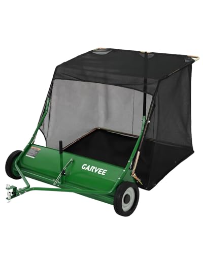 Garvee 44 Inch Tow Behind Lawn Sweeper, 29 Cu. Ft. Heavy Duty Extra Large Leaf Grass Collector, Tool‑Free Adjustable Brush Height, Dumping Rope for Riding Mower, Yard Driveway Sidewalk Debris Cleanup