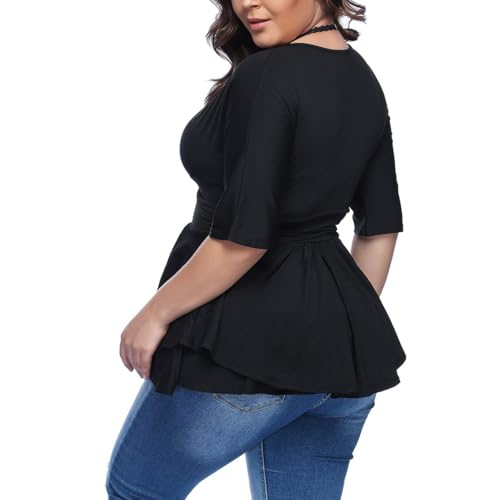 Women's Plus Size Blouse Sexy Deep V Neck Pleated Short Sleeve Ruched Promenade Tops4