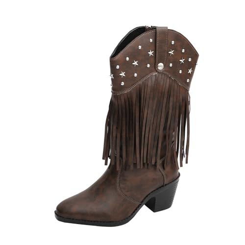 Generisch Cowboystiefel Damen Langschaft mit Fransen Western Boots Schlupfstiefel mit Blockabsatz & Wildleder-Optik