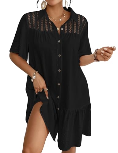 Bsubseach Swim Cover Up for Women Lace Splicing Bathing Suit Cover Up Bell Sleeve Beach Dress