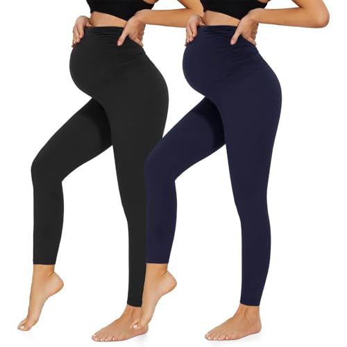Image of QGGQDD Maternity Leggings Over Bump with Pockets High Waisted Pregnancy Leggings for Women Gym Yoga Pants(Black+Navy,M)