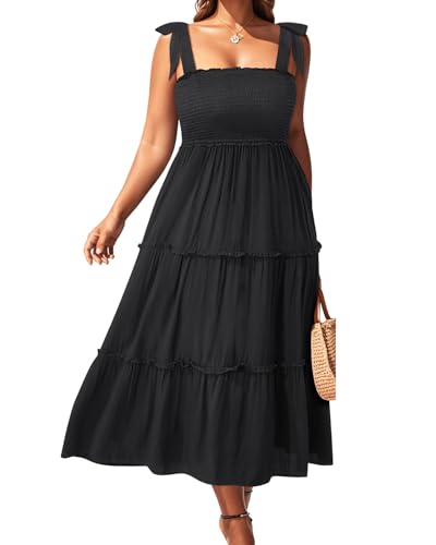 Image of Plus Size Summer Dress - Sun Boho Beach Casual Floral Tiered Smocked Long Maxi Dresses