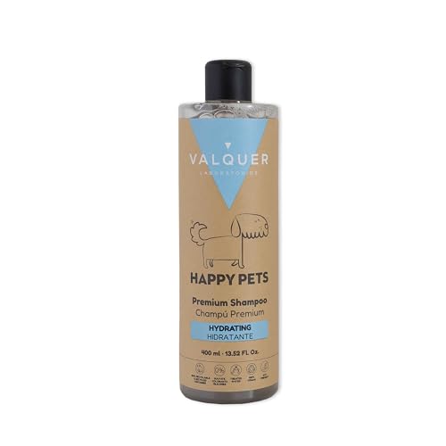 VALQUER Happy Pets Champú Premium Hidratante Perros y Gatos | para Pelaje Seco o Estropeado | Hidrata y Repara con Aloe Vera y Ácido Hialurónico | Sin Sulfatos, Siliconas ni Colorantes | 400 ml