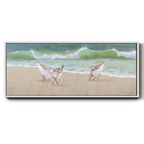 Renditions Gallery Floater Framed Home Decor Sandpipers on Beach View Artwork Wall Hangings for Bedroom Office Kitchen - 8"x20" White Frame LT615