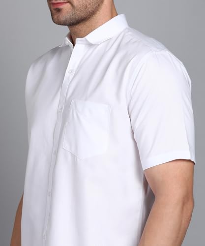Image of MILDIN Men's Cotton Blend Solid Shirt with Spread Collared Half Sleeve Curved Hemline Button Closure Regular Fit and One Pocket | Half Sleeve Shirt for Men