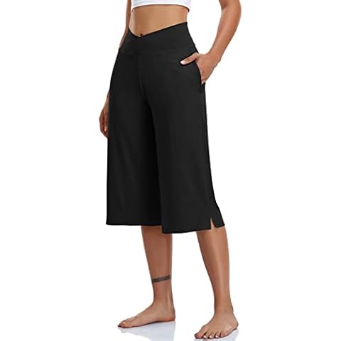 TARSE Womens Casual Wide Leg Yoga Capris Crossover High Waist Capri Pants Loose Soft Pajama Pockets Sweatpants, Black, XXL Cover