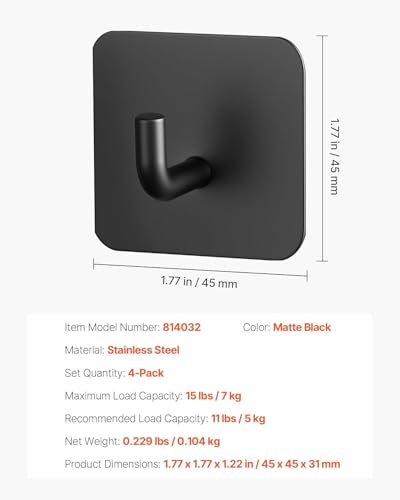 Image of Adhesive Hooks, 4 Pack Self-Adhesive Towel Coat Hooks, Heavy-Duty Wall Hook Hold 5 kgs (Max), Stainless Steel Sticky Hanger, for Bathroom, Kitchen, Hanging Towel, Coat & Keys (Matte Black)