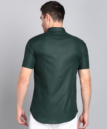 Image of MILDIN Men's Cotton Blend Solid Shirt with Spread Collared Half Sleeve Curved Hemline Button Closure Regular Fit and One Pocket | Half Sleeve Shirt for Men