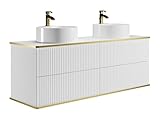 Vente-unique-Mueble de baño suspendido Estriado con Ribete Dorado y Dos lavabos Redondo - Blanco - 150 cm - KELIZA