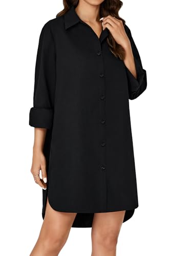 Image of Vrtige Women's Casual Collar V Neck Button Down Long Sleeve Tunic Mini Short Shirt Dress with Pockets Black Large