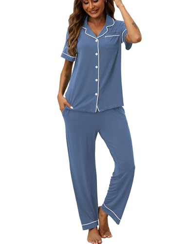 Image of HNG Women Pajamas Set 2 Piece Button Up Pajamas Pant and Short Sleeve Shirt for Woman Pj Sets with Pocket