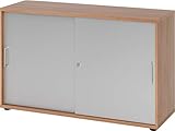 bümö® Schiebetürenschrank mit Schloss | Aktenschrank abschließbar für Ordner | Büroschrank mit Schiebetüren für Akten in Nussbaum/Silber