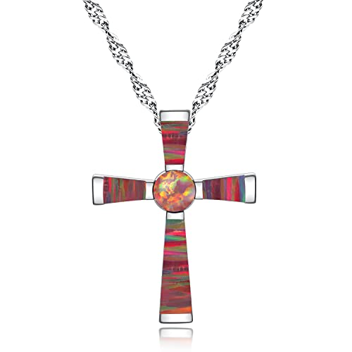 Cinily Chain Necklace For Women Pendant Silver Plated Girls Cross Pendant Necklace Personalized Opal Pendant/Mystic Topaz Gemstone Pendant Criss Jewelry (Red Brown) #TOP19