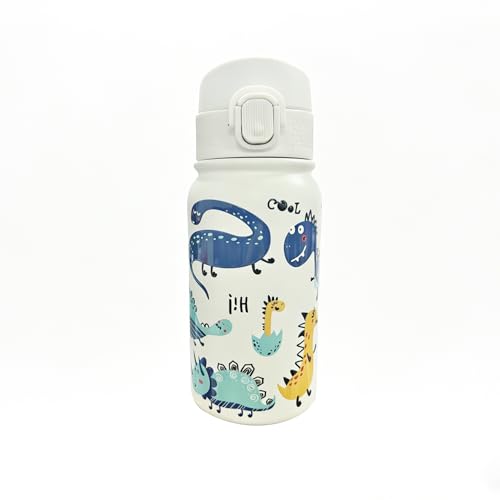 Image of GOPPUS Kids 12oz Insulated Stainless Steel Water Bottle, Leakproof Vacuum Tumbler with Carry Handle, Fits Cup Holders, Reusable Water Bottle for School Outdoor, Boys & Girls（White Dinosaur）
