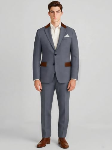 VENNYNG Men's Wedding Party Tweed Suits with PU Leather Retro Vintage Formal Herringbone Blazer Pant Set 2 Piece2