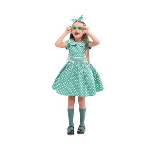 Leadtex Vintage 1950s Polka Dot Audrey Swing Dress 1950s Retro Party A-Line Dress for Girls with Glasses,Socks and Headband3