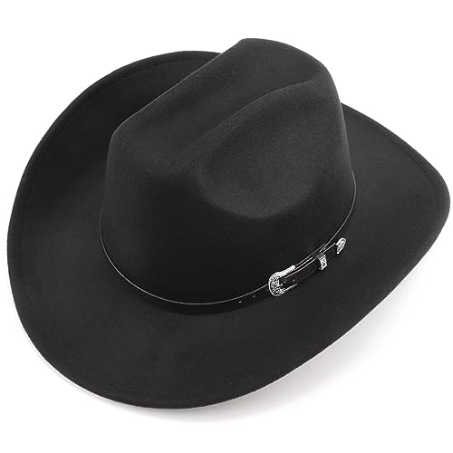 Image of DRESHOW Glitter Cowboy Hat Classic Western Rhinestone Cowgirl Hat Outdoor Wide Brim Retro Felt Fedora Hats Rolled up Caps