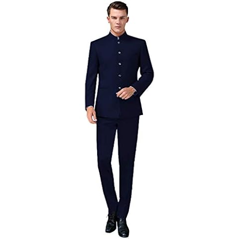 YZHEN Men's Solid 2-Piece Suit Slim Fit Stand Collar Tuxedo Blazer Jacket Trousers Vest Set Dark Navy Blue Cover