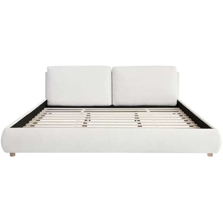Merax King Size Boucle Fabric Upholstered Platform Bed with Two Removable Pillow Headboard, Wood Bed Frame with Solid Round Legs for Kids Teens Adults, White