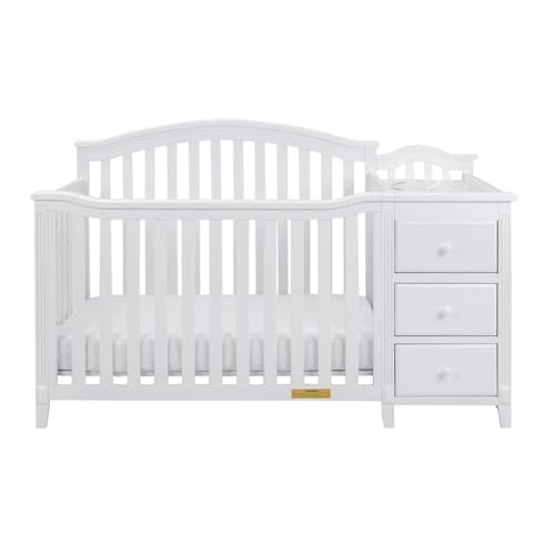Image of Pemberly Row 4-in-1 Convertible Crib & Changer, Solid Pine Wood, White Finish, Arched Headboard, 3-Level Mattress Adjustments, Includes Changing Pad, Space-Saving Baby Station with Drawers & Shelves