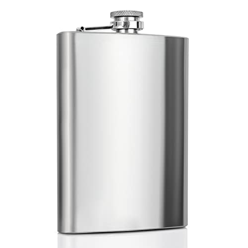 Maxam Stainless Steel Flask, Lightweight Drinking Hip Flask with a Screw-On, Leak Proof Lid, Polished Silver, 8 Ounce Capacity