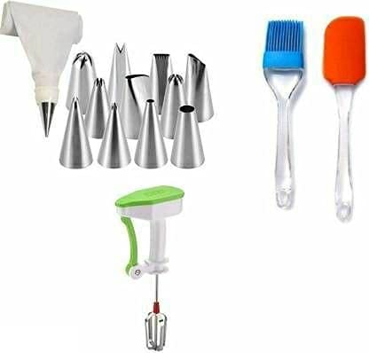Vessel Crew Combo of 13pcs Cake Decorating Nozzle Set with Piping Bag, Power Free Hand Blender and Silicone Spetula & Oil Brush