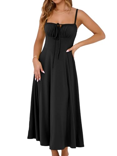 Image of YATHON Women's Summer Midi Corset Boho Dresses Spring Casual Floral Spaghetti Straps Lace Up Dress Flowy Aline Beach Sundress