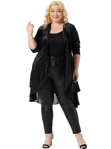 Image of Agnes Orinda Women Plus Size Ruffled Asymmetric Long Velvet Cardigan Jacket
