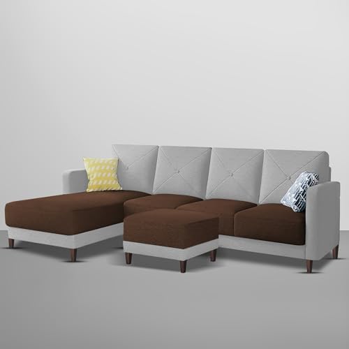 Image of Baloney LHS 6 Seater L Shape Sofa Set with Center Table for Living Room (Brown Grey Fabric) Premium Fabric Sofa