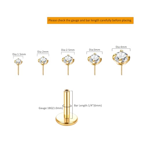 Image of Oveta 18G Gold Nose Stud Threadless Flat Back Tragus Earrings for Women 1 /4 inch Bar Stainless Steel