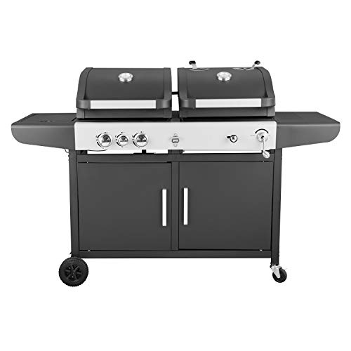 Large Dual Fuel Charcoal and Gas BBQ Barbecue Grill with a Battery Operated Rotisserie, Gas hose & Regulator, Durable Protective Outdoor Rain Cover Included - 2 x Gas BBQ Burners, 1 Side gas Burner