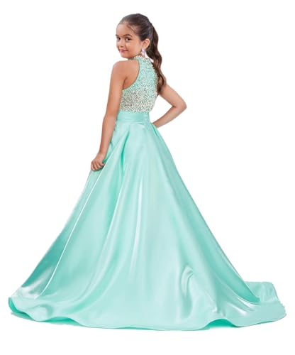 Girls Pageant Dresses Halter Neck Satin Sparkling Dress with Bow Knot Birthday Party Girls Formal Ball Gown4