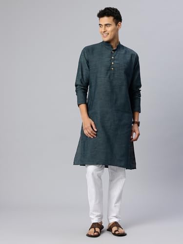 Image of Majestic Man Men's Cotton Regular Fit Traditional Mandarin Collar Ethnic Motifs Solid Long Kurta