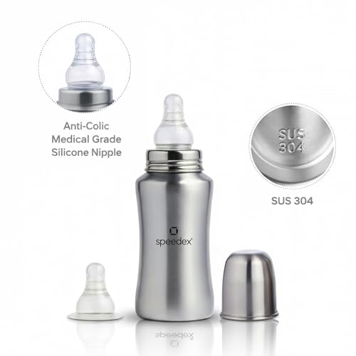 Image of Speedex Stainless Steel Baby Feeding Bottle 140ml with Silicone Grip & ML Marking | BPA Free, Anti-Colic Medium Flow Nipple | Leak Resistant 304 Grade Steel Infant Milk Bottle for Newborn Babies