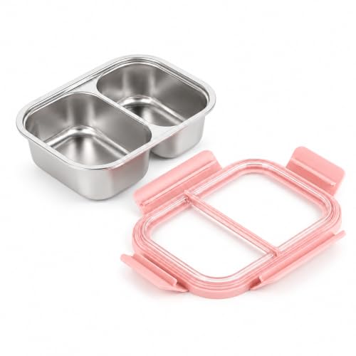 Image of Motka Premium 600 ml Divided Bento Lunch Box | 316L Stainless Steel 2 Compartment with Detachable Leak-Proof Locking Lid | Airtight Tiffin Box for Kids, School, Office & Travel (Pink)