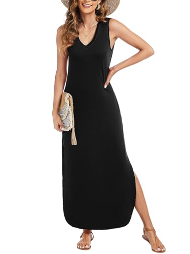 Image of Arolina Maxi Dress for Women Tropical Summer V Neck Sleeveless Split Long Beach Dresses Casual Loose Sundress with Pockets