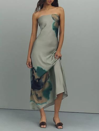 Image of Zwirelz Women Strapless Maxi Dress Boho Floral Print Flowy Long Tube Dress Off Shoulder Loose Beach Sundress (US, Alpha, X-Large, Regular, Regular, Silver Green)