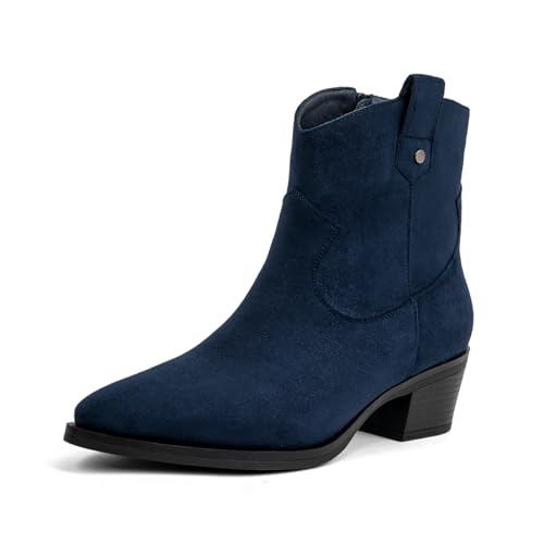 VJH confort Women's Western Ankle Boots Pointed Toe Low Chunky Heel Comfortbale Elegant Cowboy Cowgirl Booties(Navy,7)