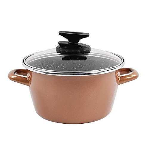 Magefesa Copper - Olla 20Cm De Acero Vitrificado Exterior Color Cobre. Antiadherente Bicapa Reforzado Efecto Piedra, Apta Para Todo Tipo De Cocinas, Especial Inducción. 50% De Ahorro Energético.