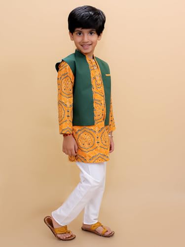 Image of The Mom Store Boys Printed Cotton Kurta Pajama Set With Jacket | Soft And Comfortable Ethnic Wear For Baby /Kids Boys | Full Sleeves Kurta Pyjama Set | Traditional Indian Outfit
