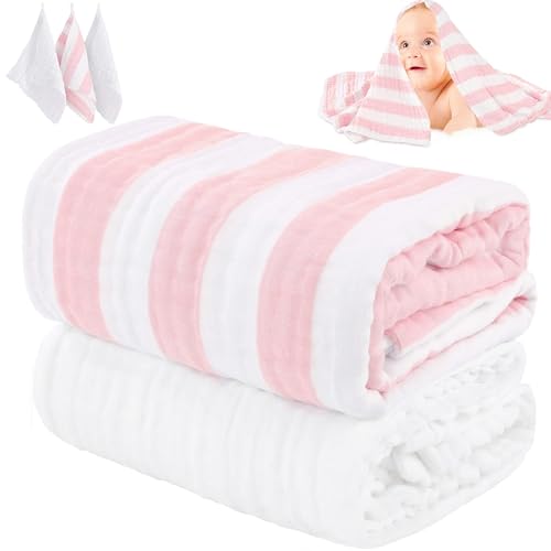 Image of HardNok Muslin Baby Towel 5 Pieces Set,Ultra Soft and Absorbent for Baby's Delicate Skin, Ideal for Newborns to Toddlers, Perfect for Baby Registry or as a Shower Gift. (Pink)